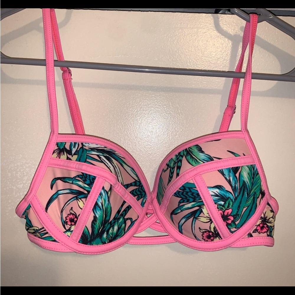 Xhilaration Pink and Green Floral Bikini Top